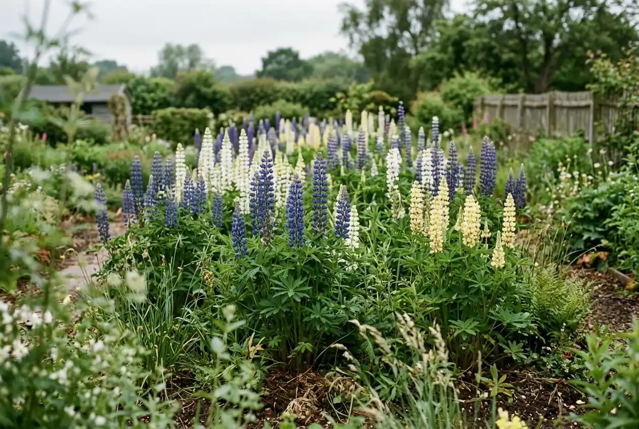 Mehrere blühende Lupinenpflanzen mit langen Blütenkerzen in Blau, Weiß und Gelb stehen dicht nebeneinander in einem Gartenbeet