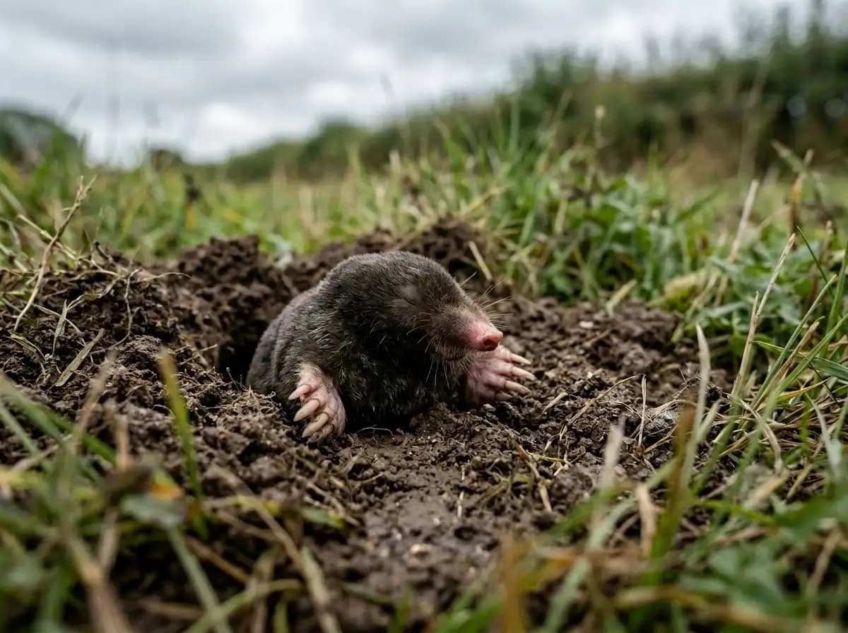 Maulwurf taucht mit sichtbaren Vorderpfoten aus einem frischen Erdhügel im Rasen auf