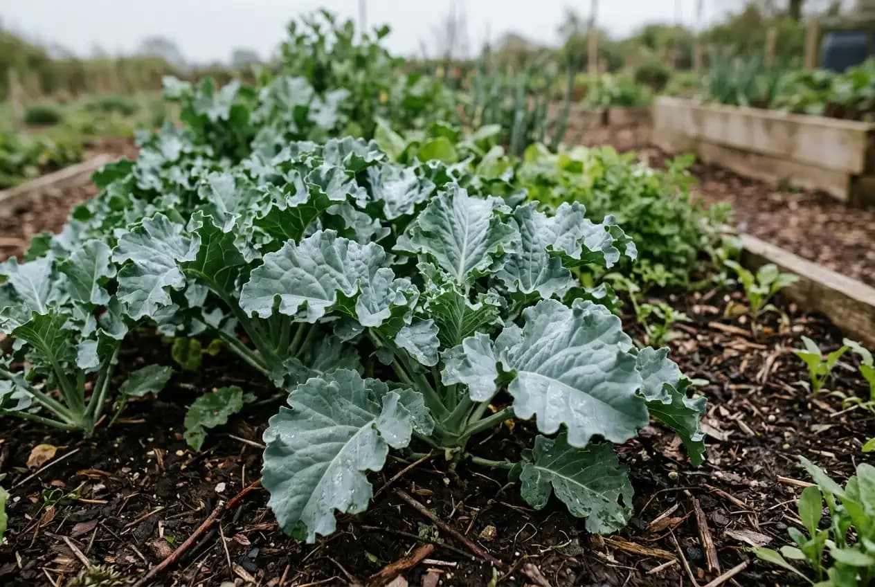 Meerkohle-Pflanze mit graugrünen, gewellten Blättern und blauem Schimmer in einem Gartenbeet im Frühsommer