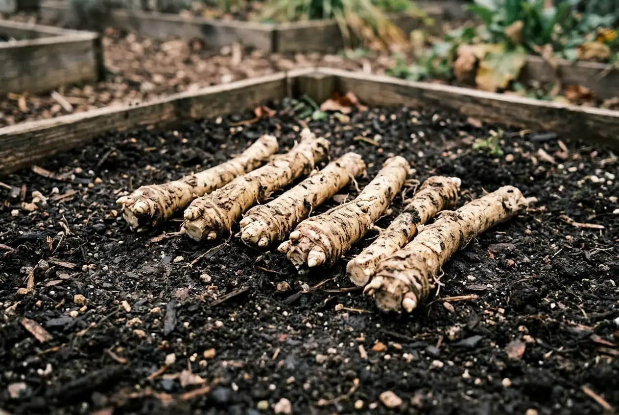 Mehrere fingerdicke Meerrettich-Fechser auf dunkler Gartenerde, schräg angeordnet, rau-strukturierte Oberfläche sichtbar