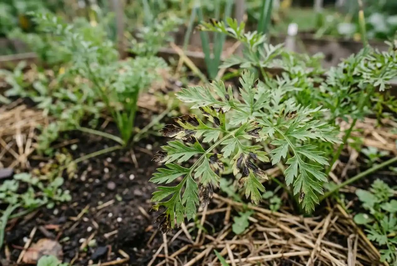 Möhrenlaub mit dunkelbraunen bis schwarzen Flecken durch Alternaria dauci Pilzbefall im Gartenbeet