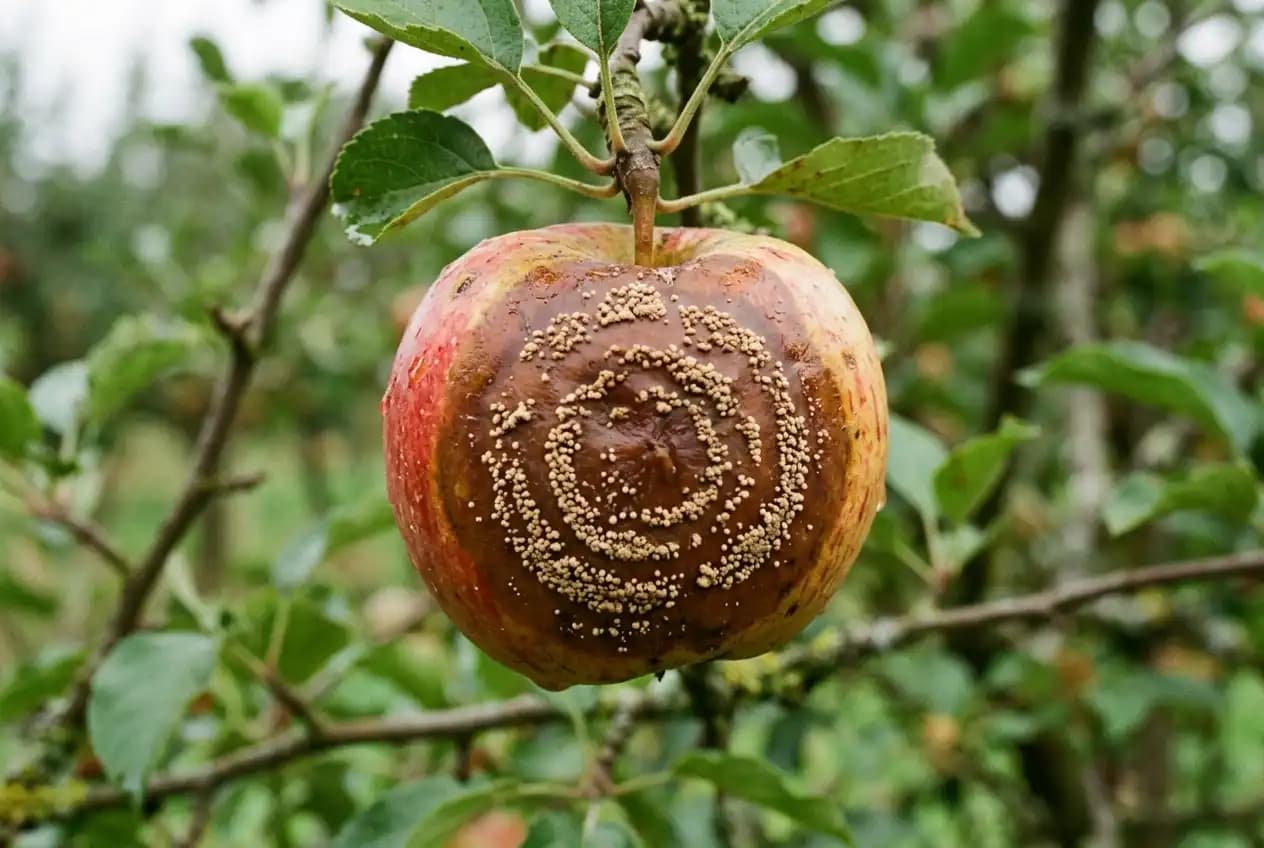 Rotbrauner Apfel mit konzentrischen cremig-braunen Sporenringen auf einer ausgedehnten Faulstelle, hängend am Zweig