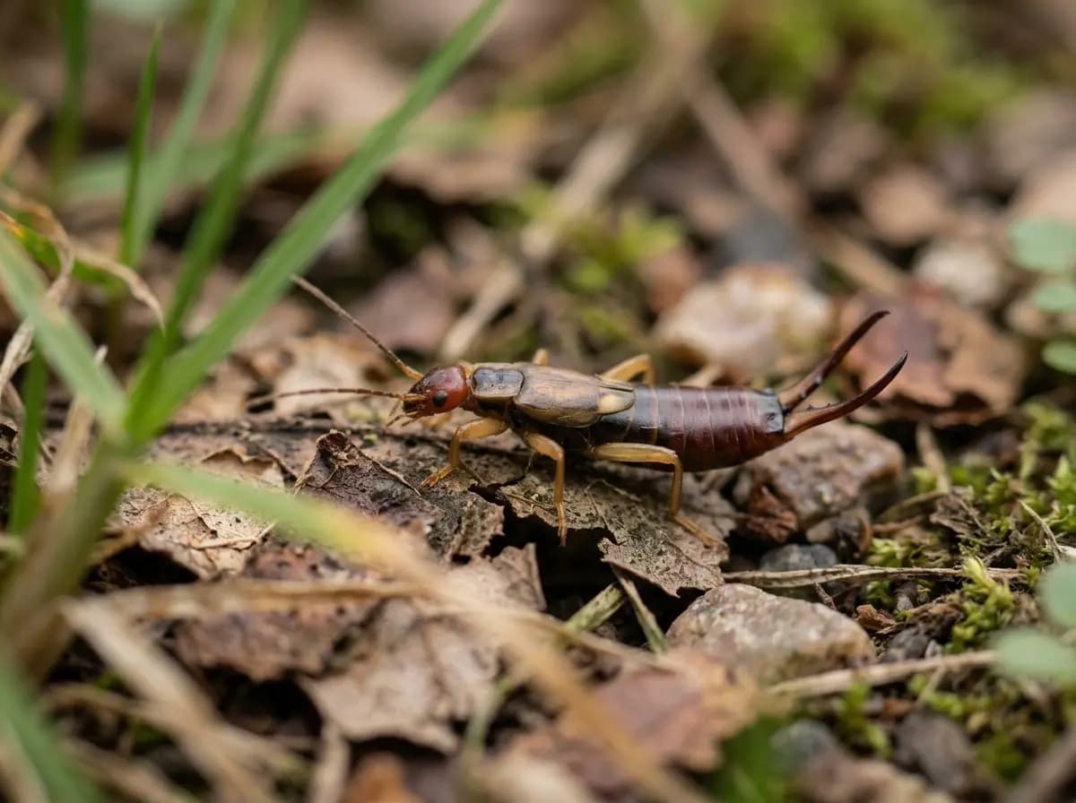 Nahaufnahme eines Ohrwurms mit charakteristischen Zangen auf feuchter Gartenerde