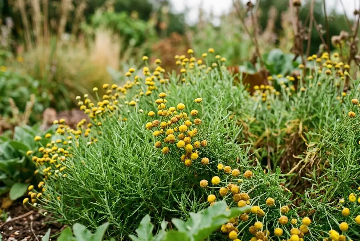 Olivenkraut-Pflanze mit dichten nadelförmigen grünen Blättern und kleinen gelben Knopfblüten in voller Blüte