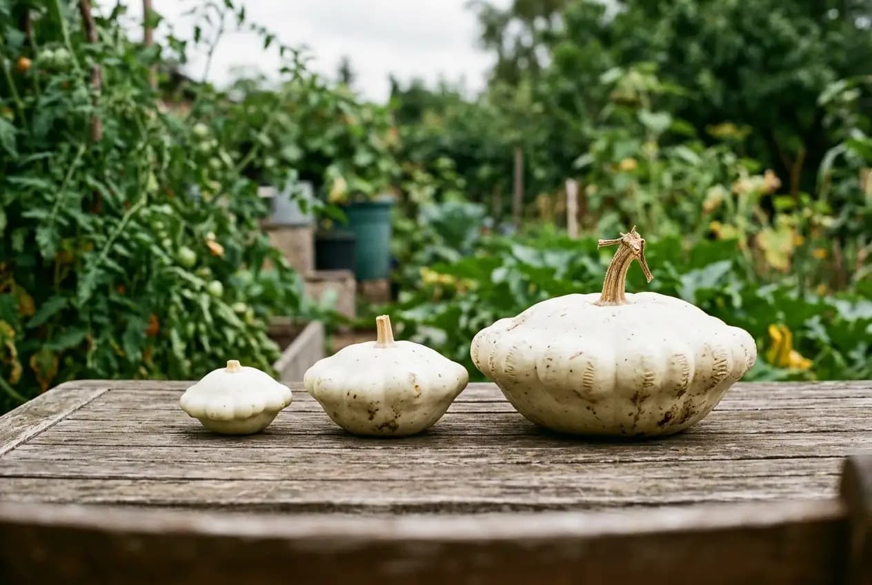 Mehrere frisch geerntete weiße und gelbe Patisson-Kürbisse verschiedener Größen liegen in einem Weidekorb auf einem Gartenbeet