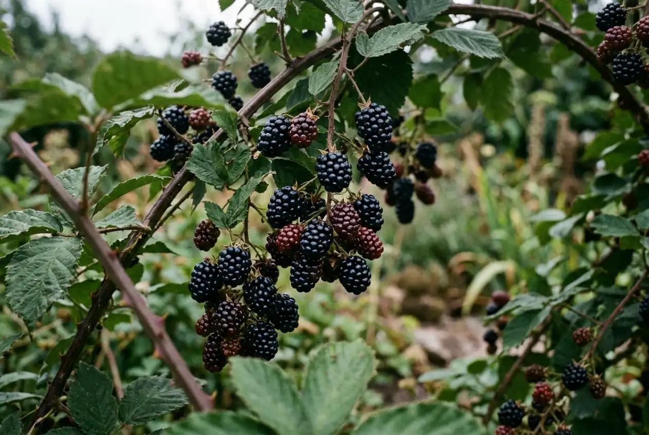 Nahaufnahme von reifen, blauschwarz glänzenden Brombeeren in einem Traubenansatz an einem Brombeerstrauch im Garten