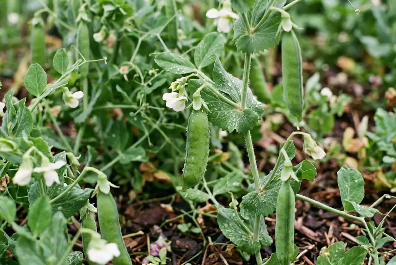 Pralle grüne Erbsenschoten hängen an einem Erbsenstrauch zwischen zarten Blättern und weißen Blüten