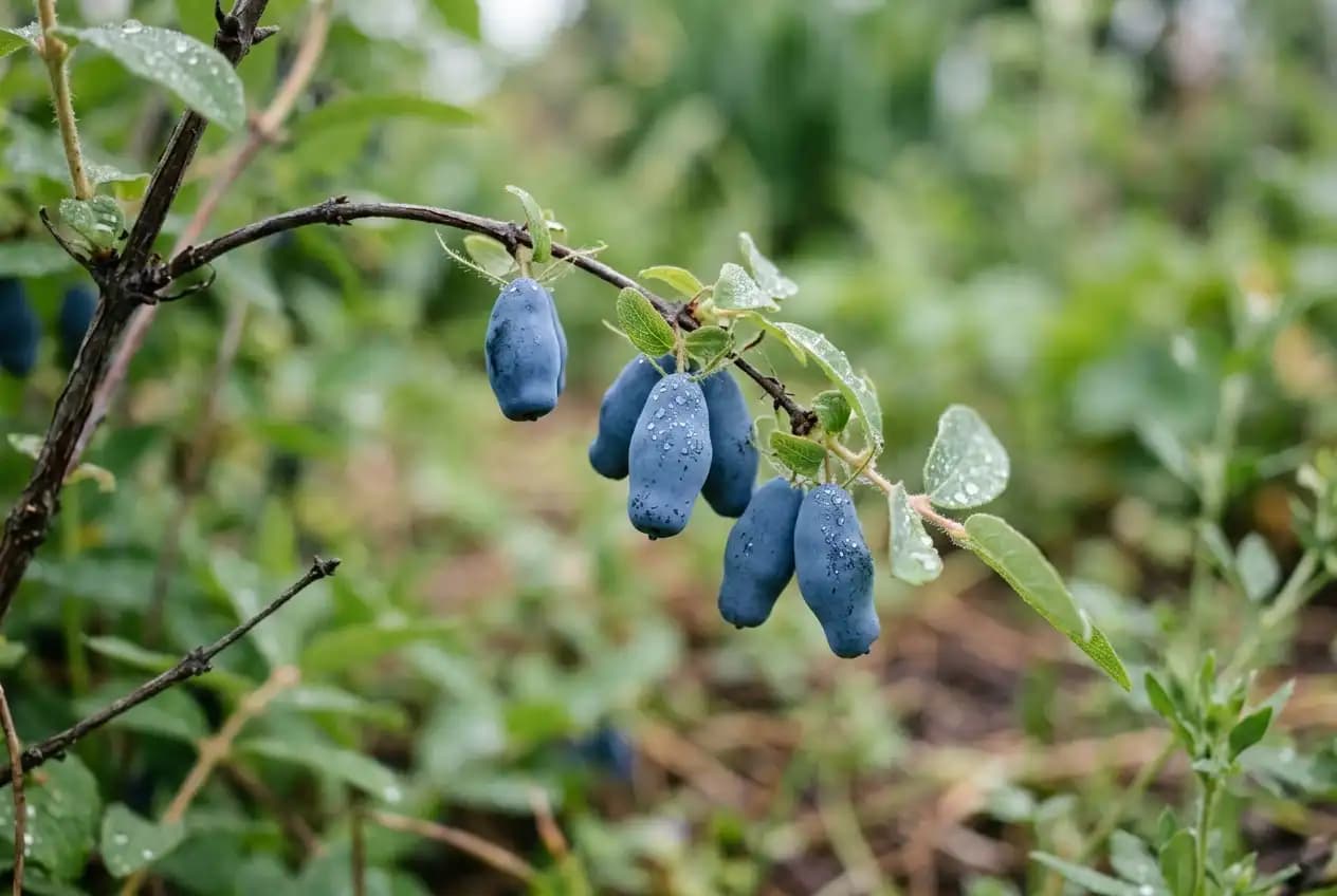 Reife blauviolette Honigbeeren hängen dicht an einem Zweig im Garten, bereit zur Ernte im Mai