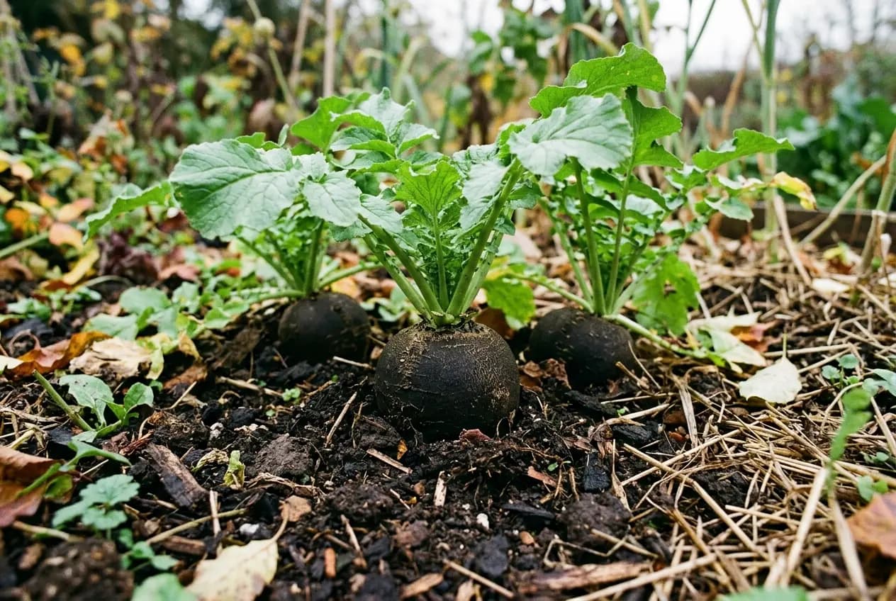 Frische Wassertropfen glänzen auf den gezackten grünen Blättern einer Rettichpflanze