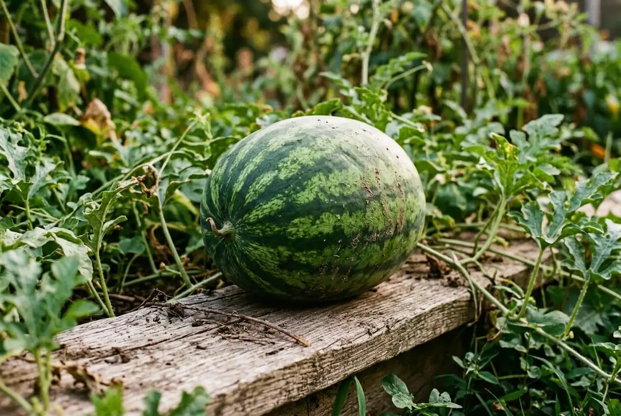 Große reife Wassermelone mit dunkelgrüner Schale liegt auf einem verwitterten Holzbrett zwischen grünen Blättern im Garten