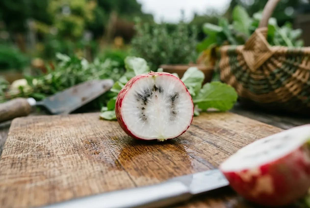 Aufgeschnittener Rettich mit grau-schwarzen Verfärbungen im Inneren als typisches Symptom der Rettichschwärze