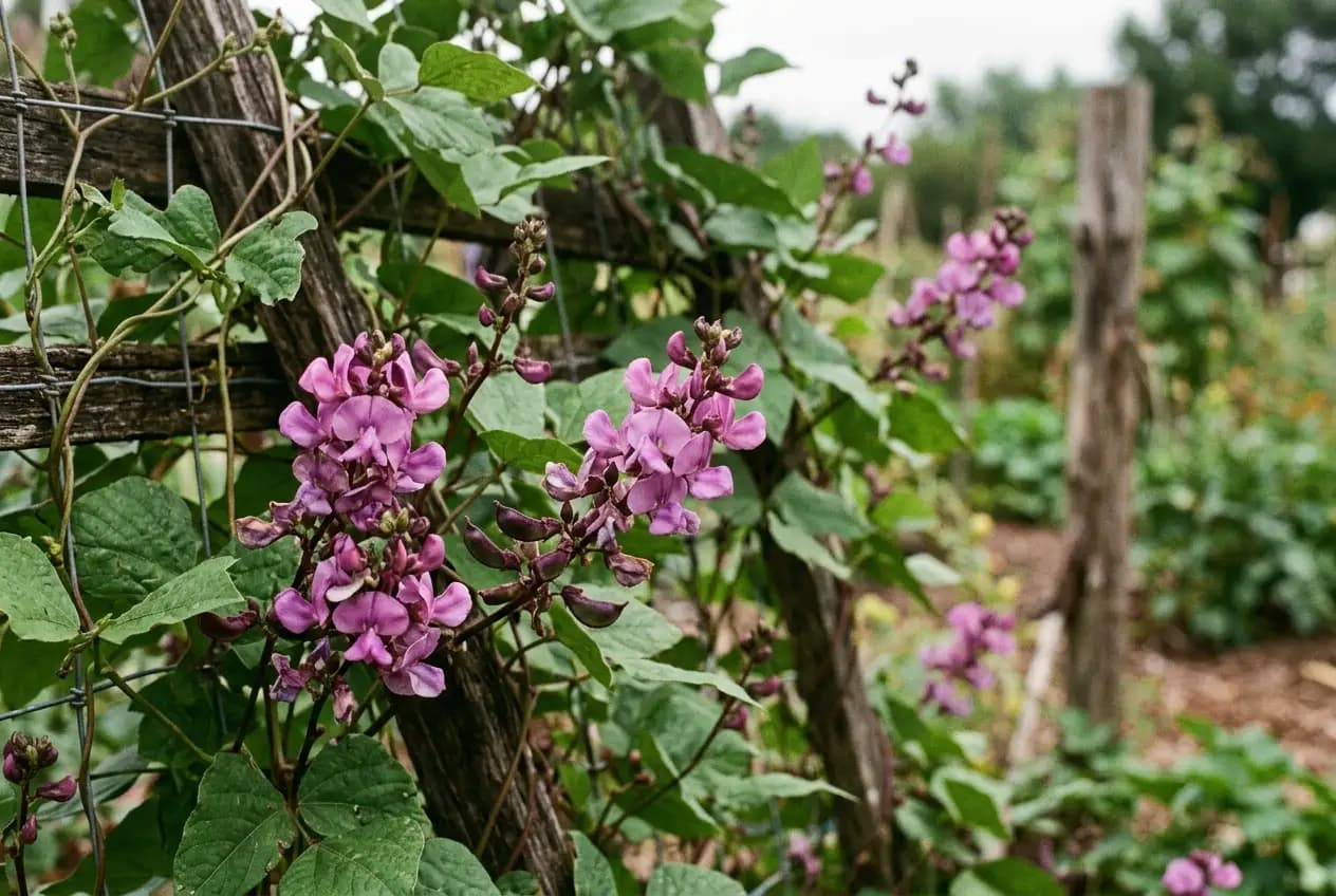 Nahaufnahme rosavioletter Schmetterlingsblüten der Helmbohne an einer grünen Ranke