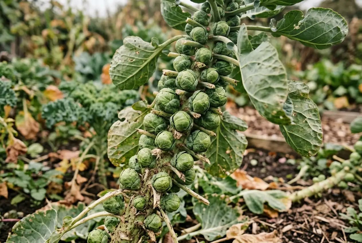 Kompakte grüne Rosenkohlröschen in Walnussgröße, dicht am Stängel einer Frühsorte, im weichen Herbstlicht
