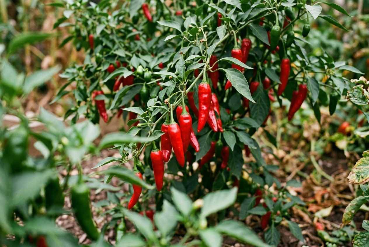 Leuchtend rote Chili-Schoten hängen reif und schwer an einer buschigen Chilipflanze im spätsommerlichen Garten