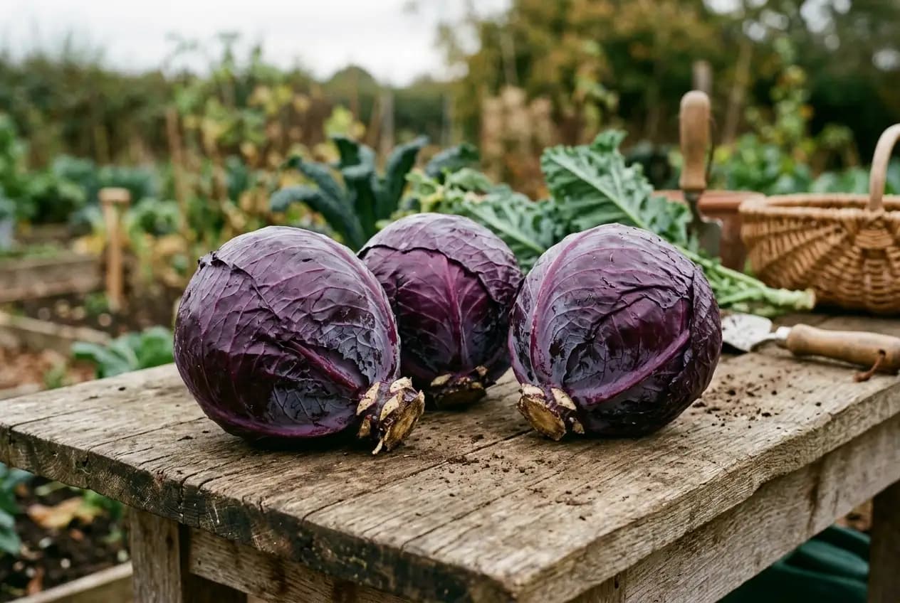 Praller Rotkohl-Kopf im Gartenbeet zur Erntezeit