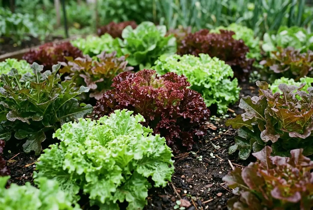 Verschiedene Salatsorten nebeneinander im Gartenbeet