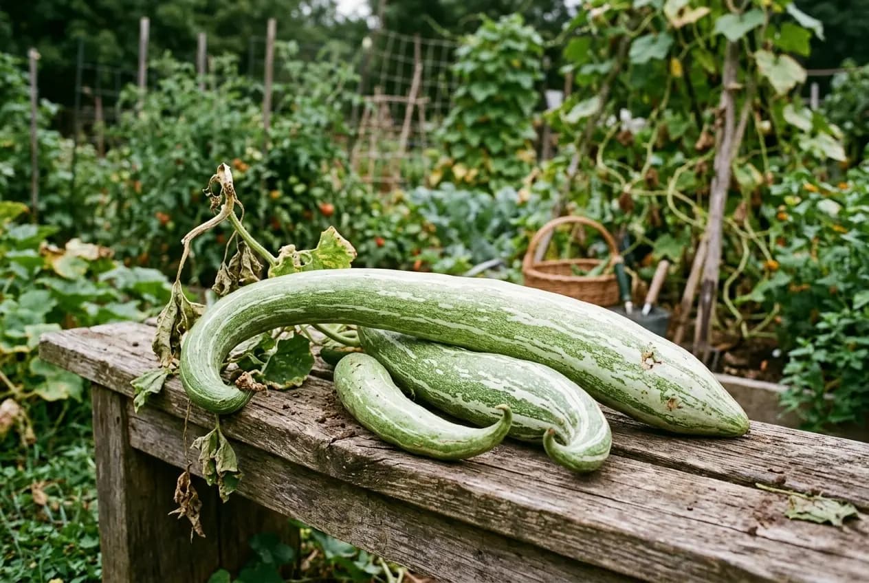 Nahaufnahme einer unreifen Schlangenhaargurke mit hellgrüner Schale und weißen Längsstreifen, schlangenförmig gedreht