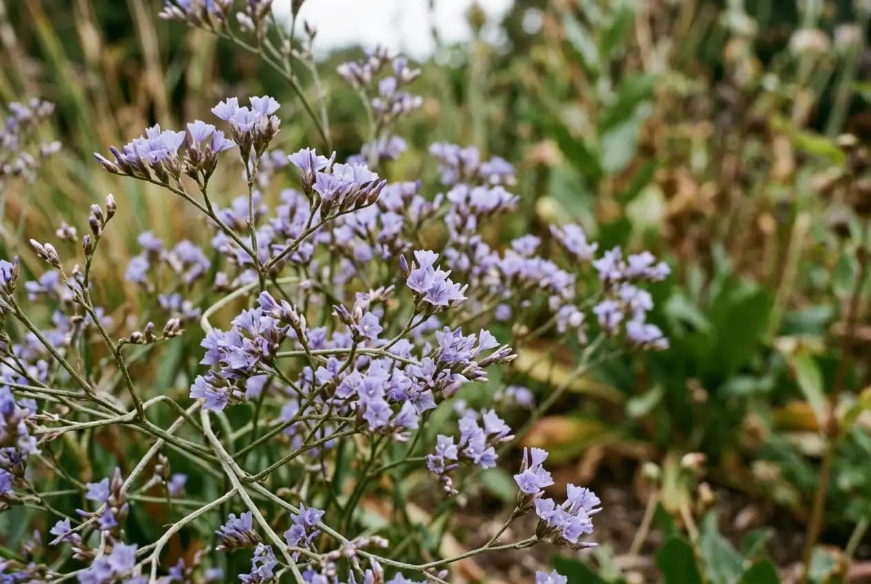 Nahaufnahme der winzigen lavendelblauen Einzelblüten des Breitblättrigen Strandflieders in einer luftigen Rispe