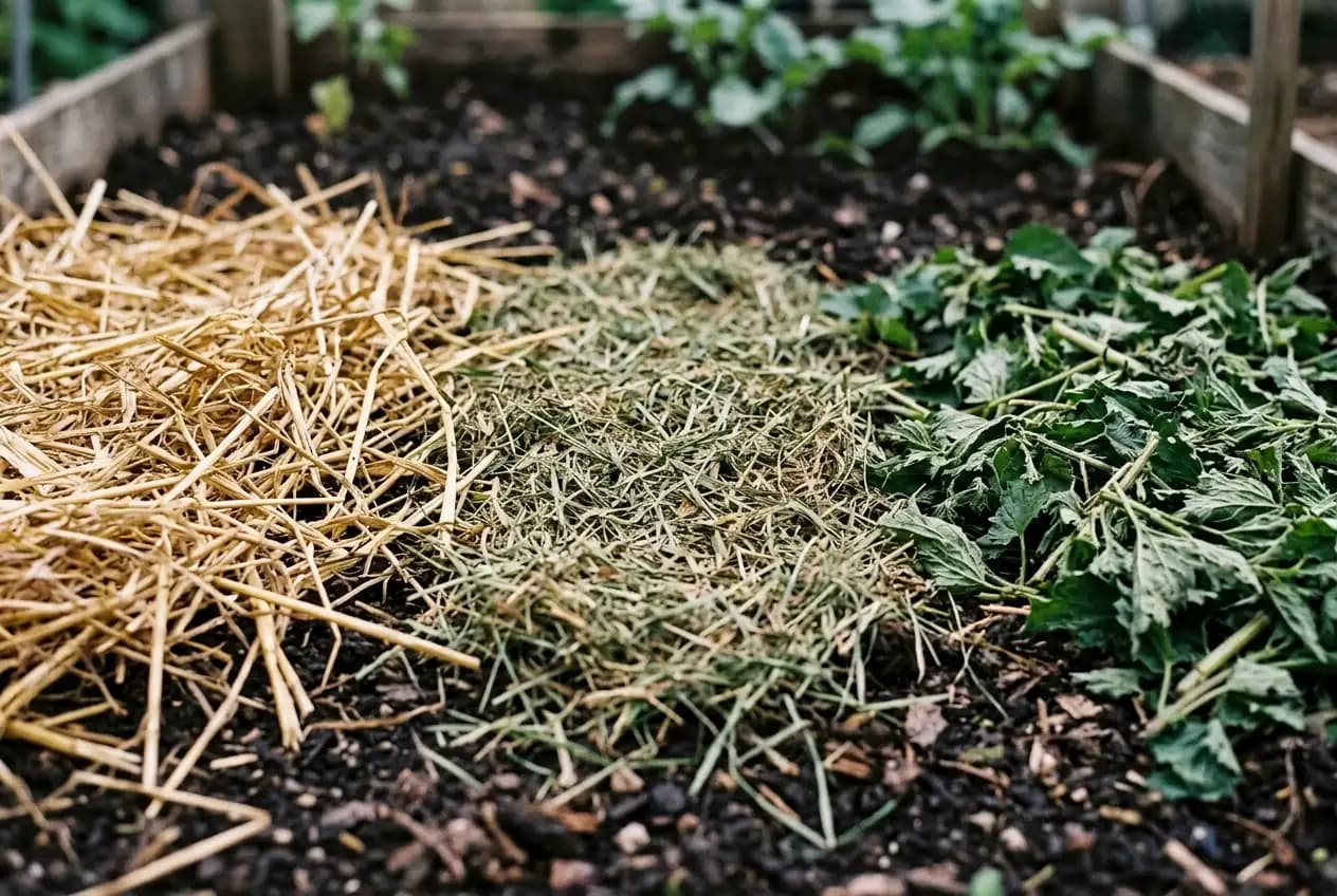 Regenwurm in krümeliger, dunkler Humuserde zwischen zersetzten Grasschnitt-Resten