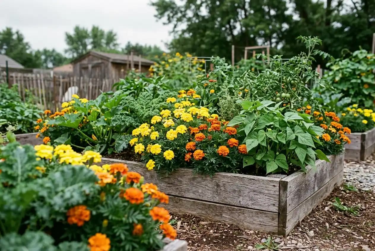 Leuchtend gelbe Tagetes und orange Ringelblumen wachsen als Blühpflanzen zwischen Gemüse im Hochbeet für Nützlinge