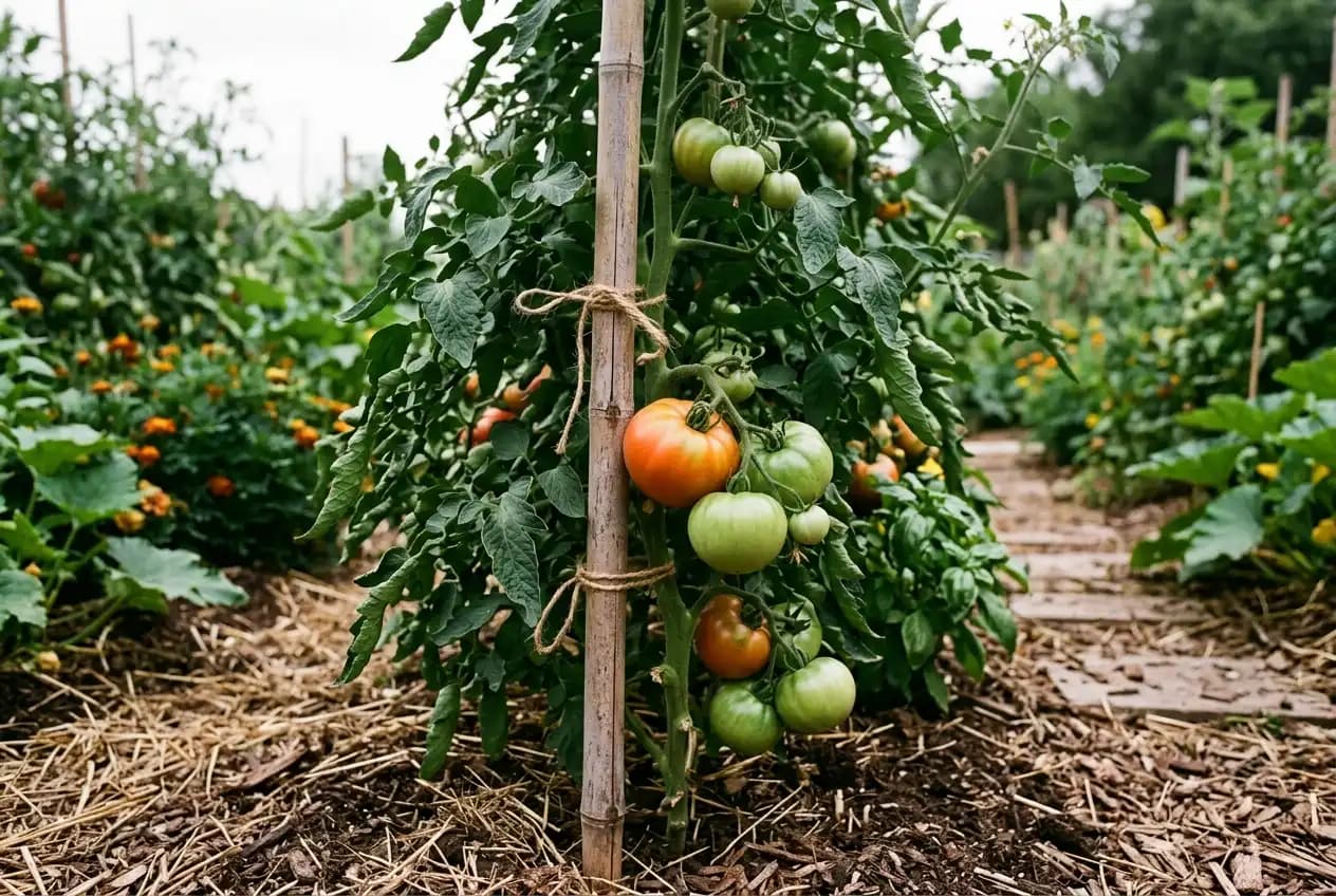 Mehrere kräftige Tomaten-Jungpflanzen in kleinen Tontöpfen auf einer Fensterbank, helles Tageslicht fällt durch das Fenster
