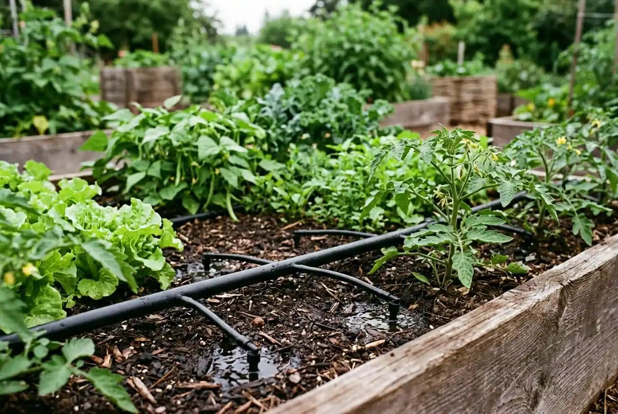 Schwarze Tröpfchenbewässerungsschläuche verlaufen auf der Erdoberfläche eines Hochbeets zwischen Gemüsepflanzen