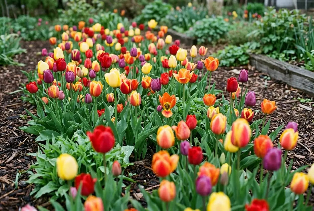 Dicht bepflanztes Gartenbeet mit roten, gelben und lila Tulpen in voller Blüte im Frühling