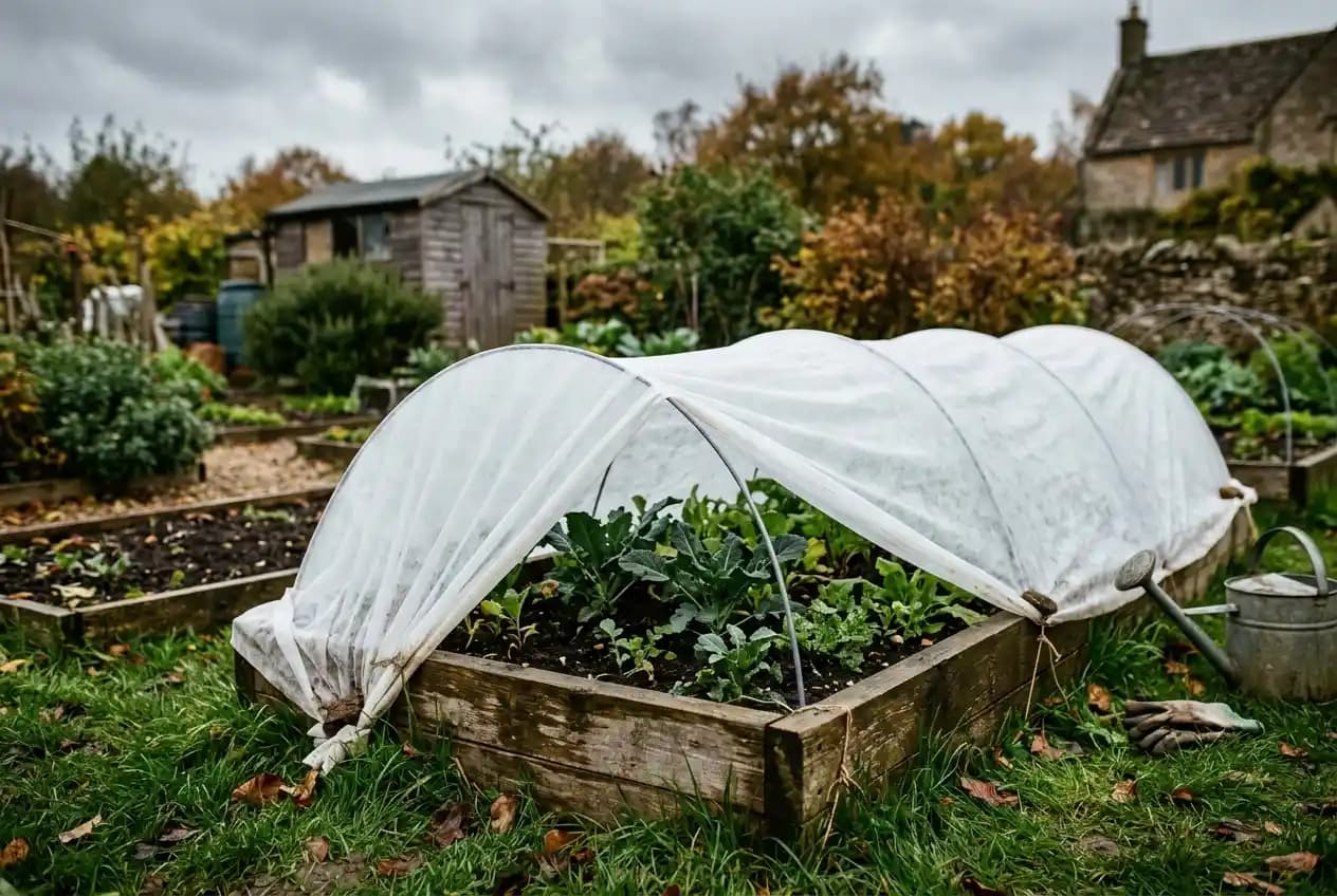 Feldsalatrosetten mit Tautropfen im Hochbeet im Herbst