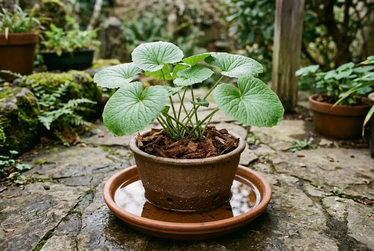 Ein Wasabi-Topf steht in einem mit Wasser gefüllten Untersetzer auf einem kühlen Gartenplatz, die Erde ist mit Rindenmulch bedeckt