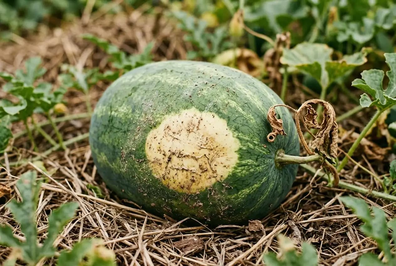 Reife Wassermelone von unten gezeigt mit deutlich gelb verfärbter Auflagefläche, trockener Stiel, umgebende Gartenerde