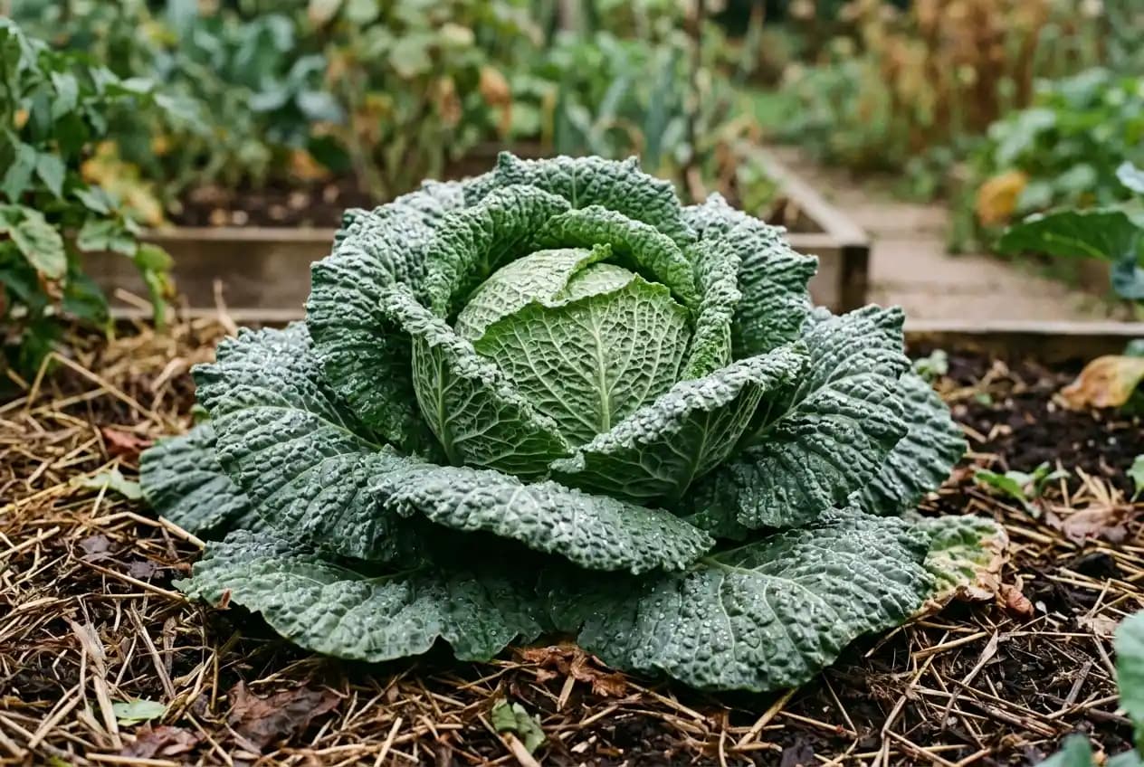 Verschiedene Wirsingköpfe von hellgrün bis dunkelgrün auf einem Holztisch im Garten
