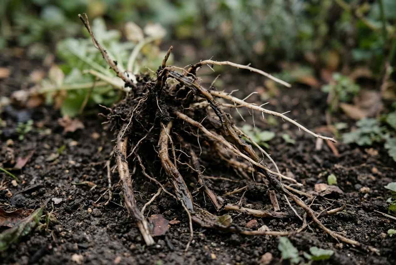 Ausgegrabene Pflanzenwurzeln mit brauner, matschiger Verfärbung als typisches Zeichen von Wurzelfäule, neben dunkler Gartenerde