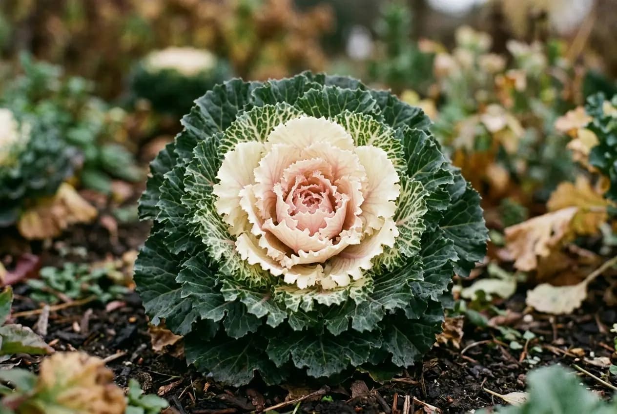 Mehrere Zierkohl-Rosetten in leuchtendem Rosa, Weiß und Purpur in einem herbstlichen Gartenbeet