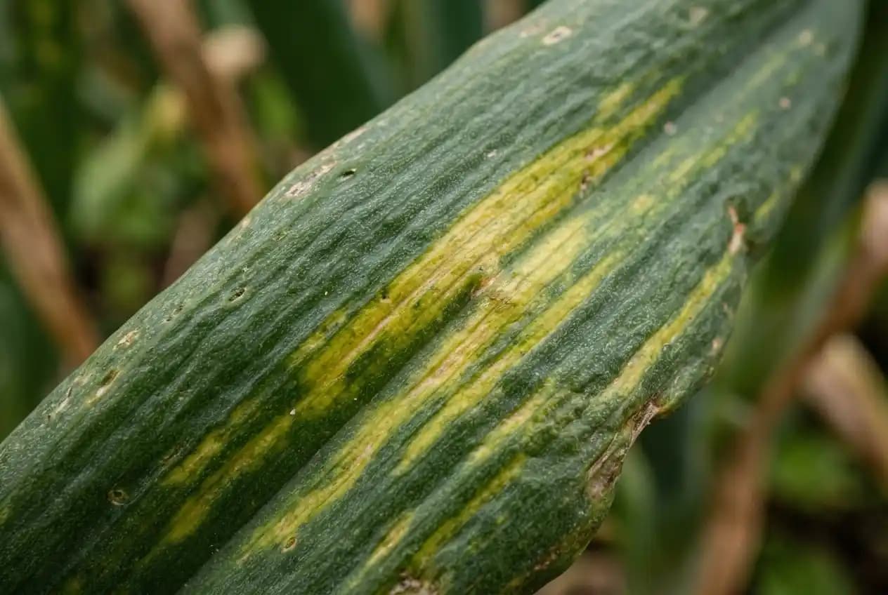Extreme Nahaufnahme der Blattoberfläche einer erkrankten Zwiebel mit deutlich sichtbaren gelben Streifen und veränderter Blattstruktur